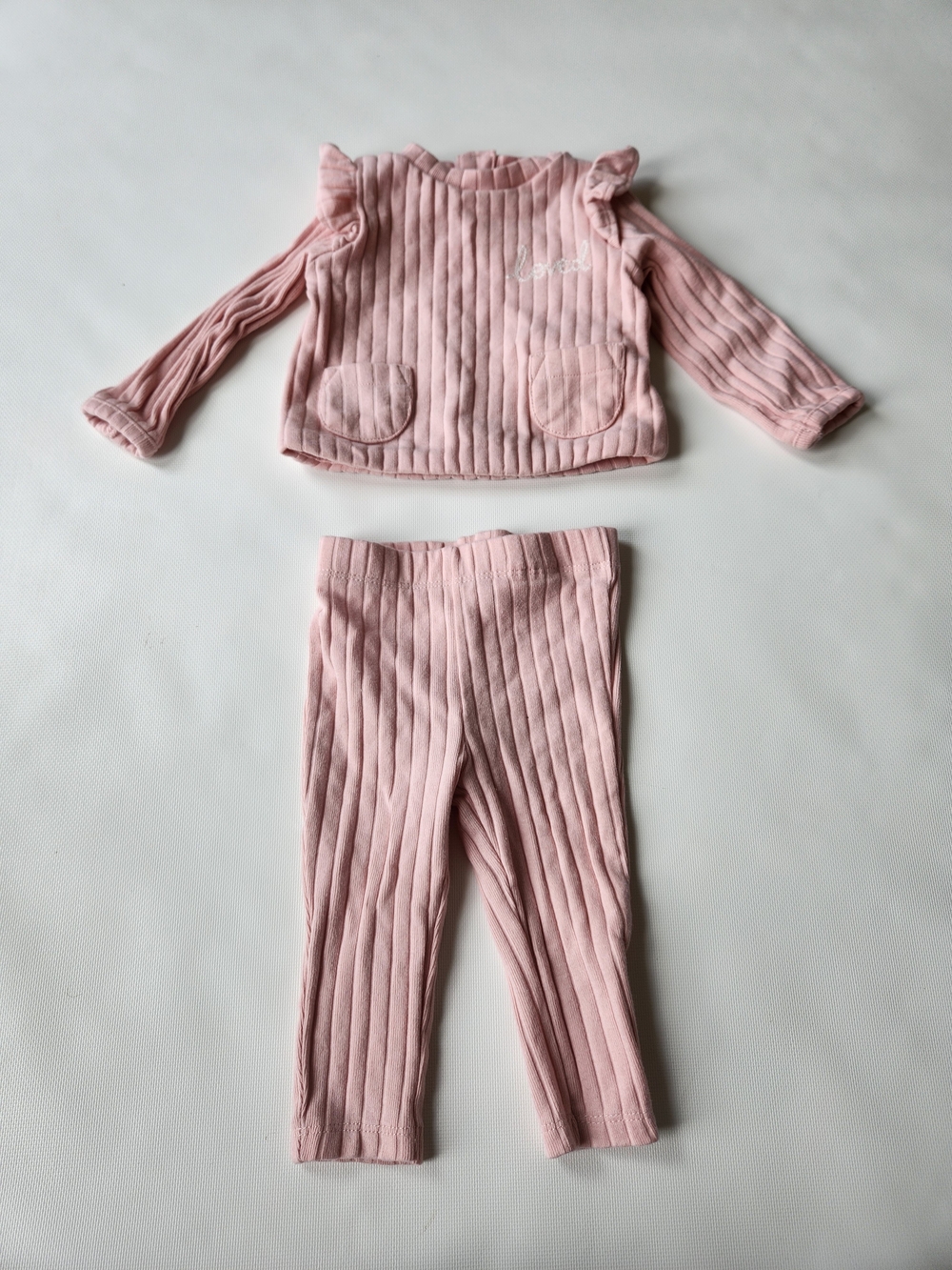 Ribbed Pink Two-Piece Baby Set Ruffled Top With Leggings "Loved"